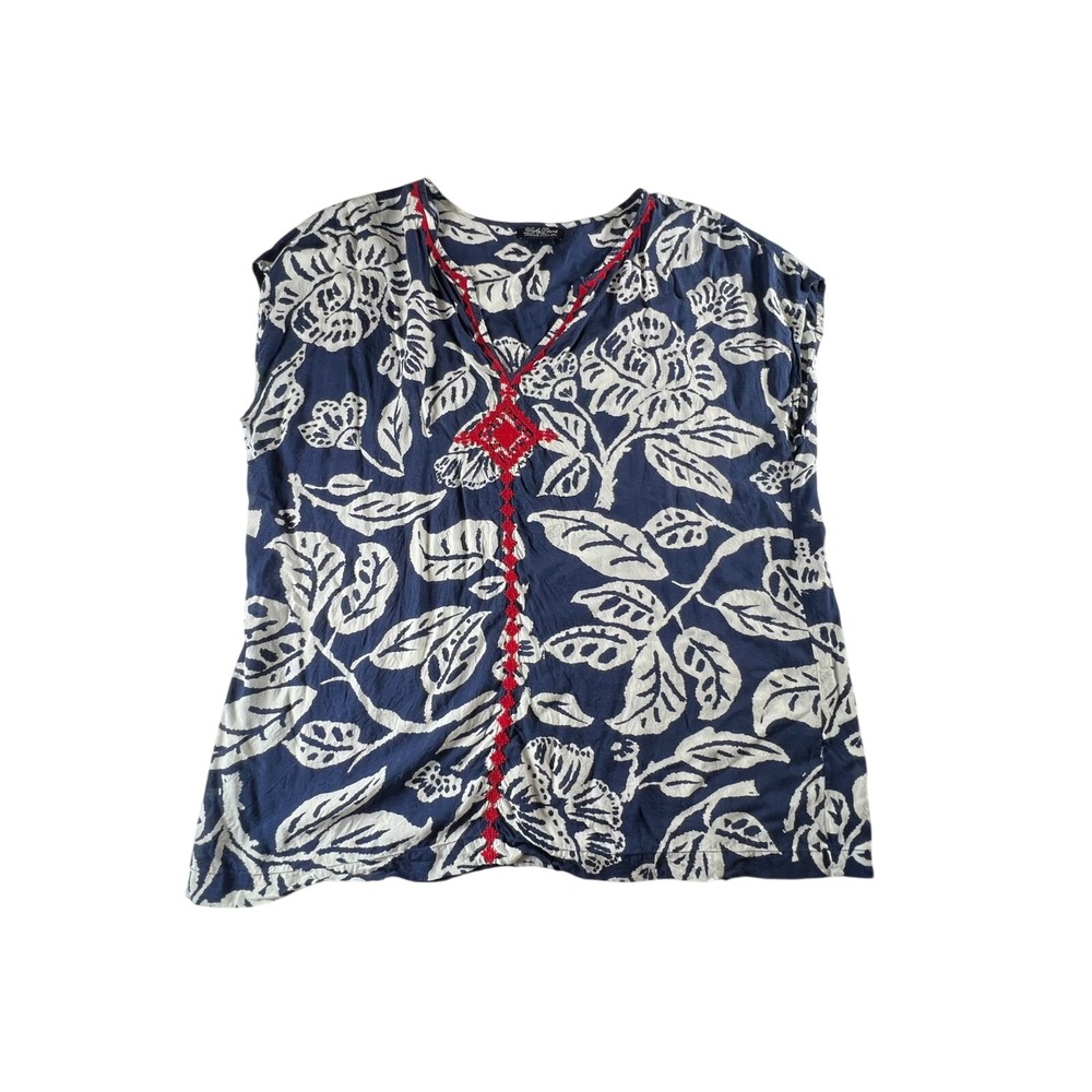 Lucky Brand Navy Blue White Floral Boho Embroidered V-Neck Rayon Blouse Womens L